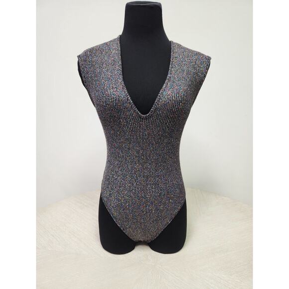 Out From Under UO Black Rainbow Sparkle Glitter V-neck Halter Top Bodysuit S - Picture 4 of 14